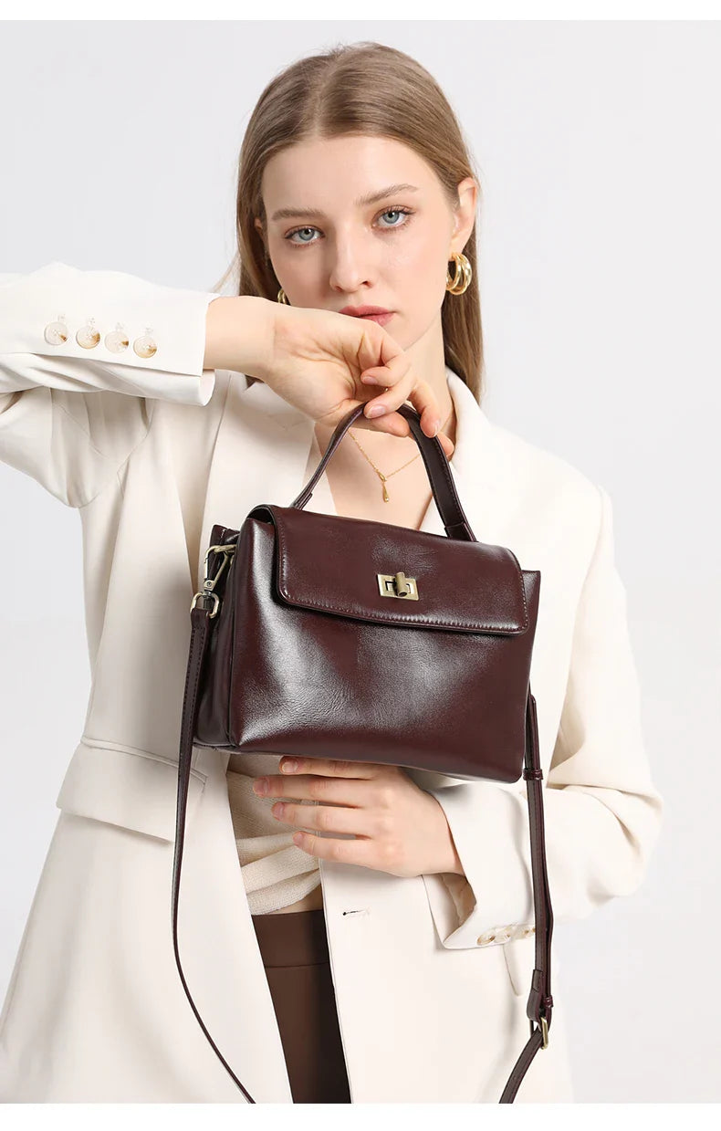 Genuine Leather Top Handle Crossbody Bag for Women Vintage Oil Wax Leather Shoulder Bag Small Luxury Designer Satchel Handbag