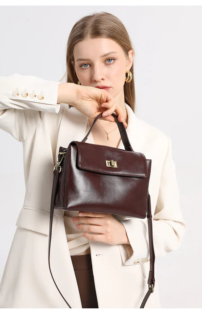 Genuine Leather Top Handle Crossbody Bag for Women Vintage Oil Wax Leather Shoulder Bag Small Luxury Designer Satchel Handbag