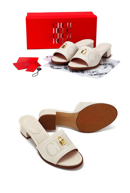 Fashion Monogram Print Elegant Design Women's Low Heeled Slippers Solid Color High Quality Metal Lock Simple Single Shoes