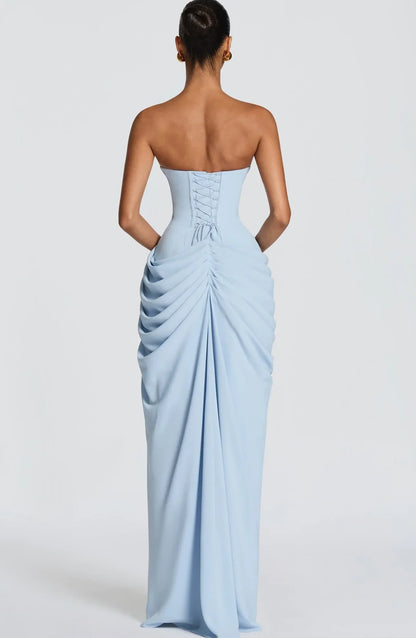 Women Sexy Solid Pleated Strapless Dress Lady Chic Off-shoulder Backless High Waist Split Dresses 2026 New Evening Party Gown