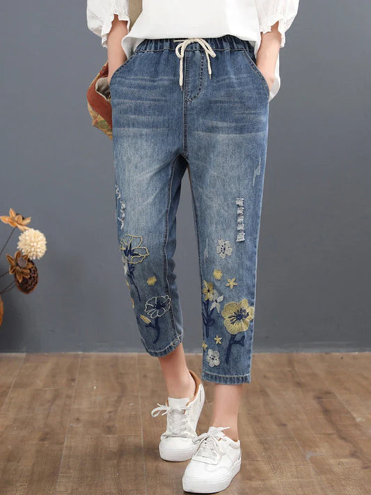 Calça Jeans Feminina Verão Bordado Vintage