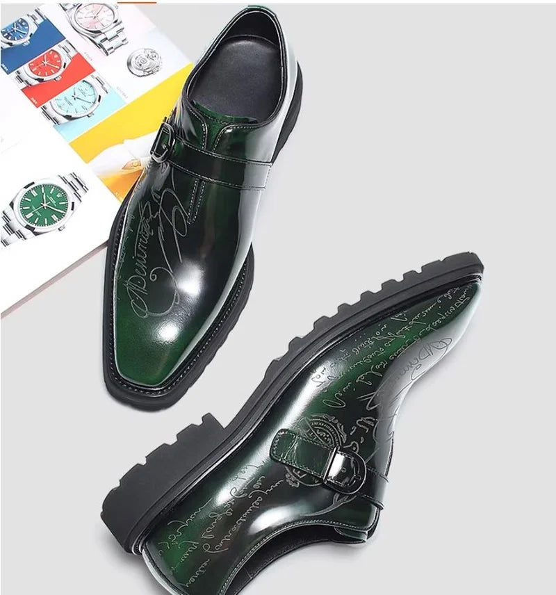 High-end Square-toe Slip-on Buckle Strap Leather Shoes Men Italian Formal Shoes Laser Engraved Letters Design Wedding Shoes Man