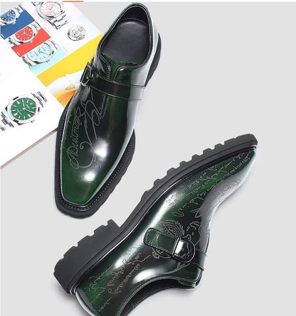 High-end Square-toe Slip-on Buckle Strap Leather Shoes Men Italian Formal Shoes Laser Engraved Letters Design Wedding Shoes Man