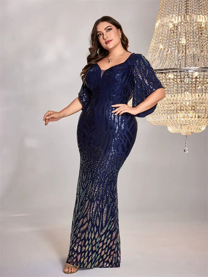 Plus Size Elegant Flare Sleeve Sequin Evening Dress Women Floor Lenght Maxi Wedding Party Mermaid Prom Cocktail Dress