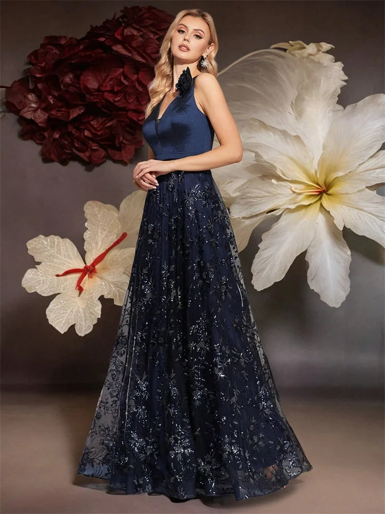 Vestido de Festa Elegante Dourado Floral com Decote em V Longo 2024 Luxo Feminino Chiffon sem Mangas para Baile Coquetel