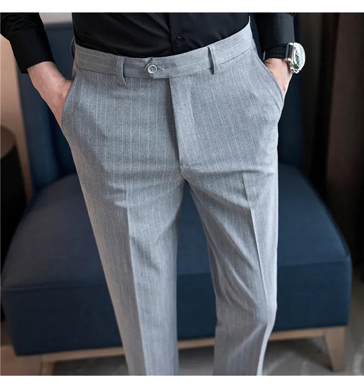 Men's Slim Fit Pinstripe Dress Pants, Stretch Comfort and Thickened Fabric for Business Casual Office Wear