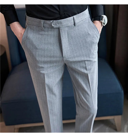 Men's Slim Fit Pinstripe Dress Pants, Stretch Comfort and Thickened Fabric for Business Casual Office Wear