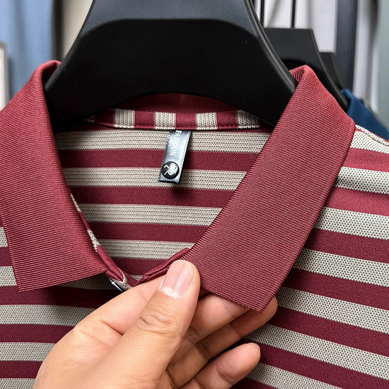 Summer High End Man Polo Shirt Striped Lapel Short Sleeve Horse Lette Print New Breathable T-Shirt Classic Commuter Menswear Top