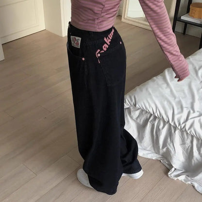 Women's Sweet Casual Full Length Baggy Denim Trouser Retro Emo Harajuku Loose Jeans Letter Embroidery High Waist Y2K 2000s Pants