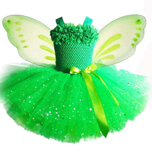 Girls Green Glitter Tutu Dress Kids Flower Fairy Dress with Butterfly Wing Set Children Party Costume Sparkled Stars Dresses