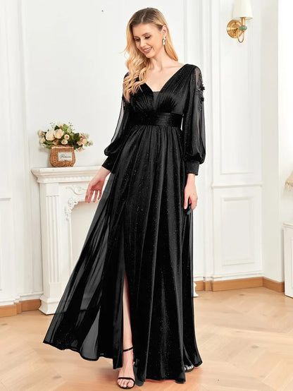 Elegant Long Sleeves Floor Length Split Party Evening Dress Women 2024 Luxury Backless Weedding Dress Cocktail Prom