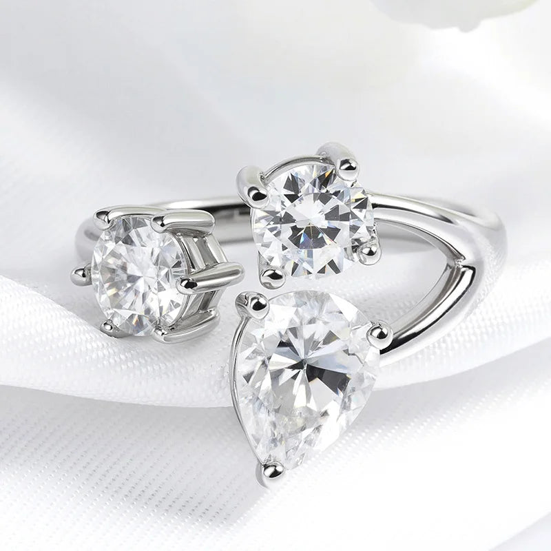 Pear/round Cut Adjustable Moissanite Rings for Women Ideal Cut Female S925 Sterling Silver Plated 18K Lab Diamond Band