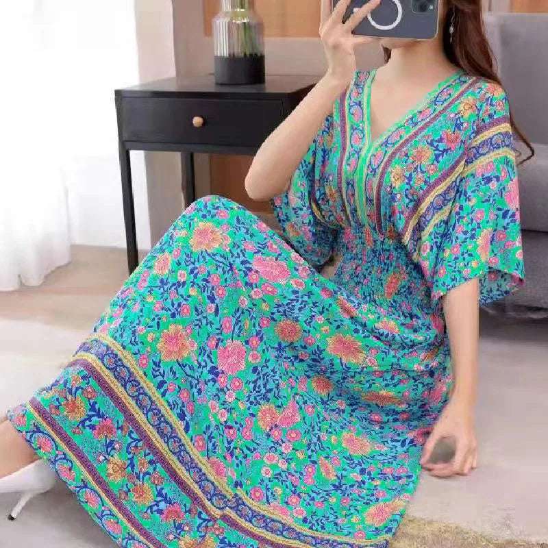 Flower V-neck Elastic Youthful Bohemian Sweet Midi Dress Woman Clothes Chic Fashion Summer Dresses 2025 Large Swing Ski