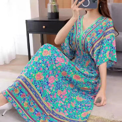 Flower V-neck Elastic Youthful Bohemian Sweet Midi Dress Woman Clothes Chic Fashion Summer Dresses 2025 Large Swing Ski