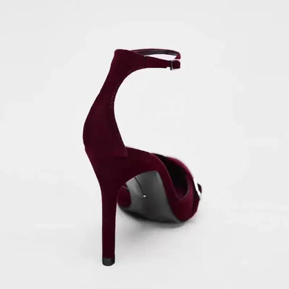 Elegant Burgundy Suede Ankle Strap High Heels Women Sexy Pointed Toe Buckle Strap Women Pumps Designer Party Shoes Heels Wedding