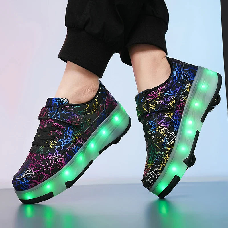 4 Wheel Dual-Use Roller Skates with Detachable Wheels ,Sneakers with LED Boys Girls Shoes with Wheels,Speed Skate Sizes 29-42