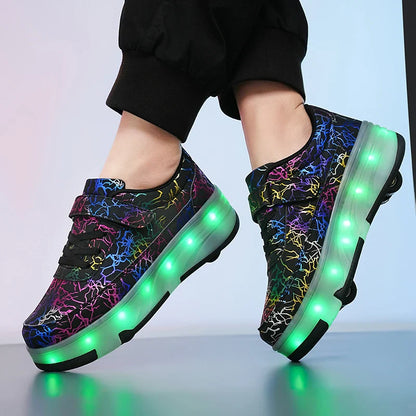 4 Wheel Dual-Use Roller Skates with Detachable Wheels ,Sneakers with LED Boys Girls Shoes with Wheels,Speed Skate Sizes 29-42