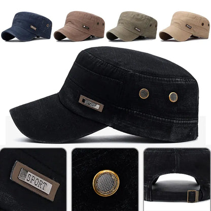 Vintage Washed Cotton Military Caps Flat Top Baseball Cap Adjustable Fitted Thicker Cap Sun Protection Men Women Cadet Army Cap