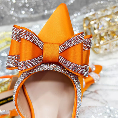 Wonem Shoes And Bags for Party Rhinestone Bow Pointed-Toe Women's High Heels Wedding Shoes