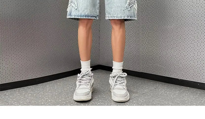 Star Patchwork Yellow Clay Color Jeans Summer Men Denim Shorts Trendy Streetwear Five-point Pants Straight Jeans Shorts