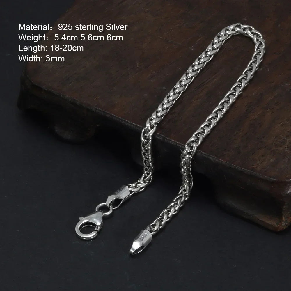 925 Sterling Silver 3mm Braided Wheat Chain Bracelet 17-21cm Simple Retro Minimalism Jewelry For Men and Women