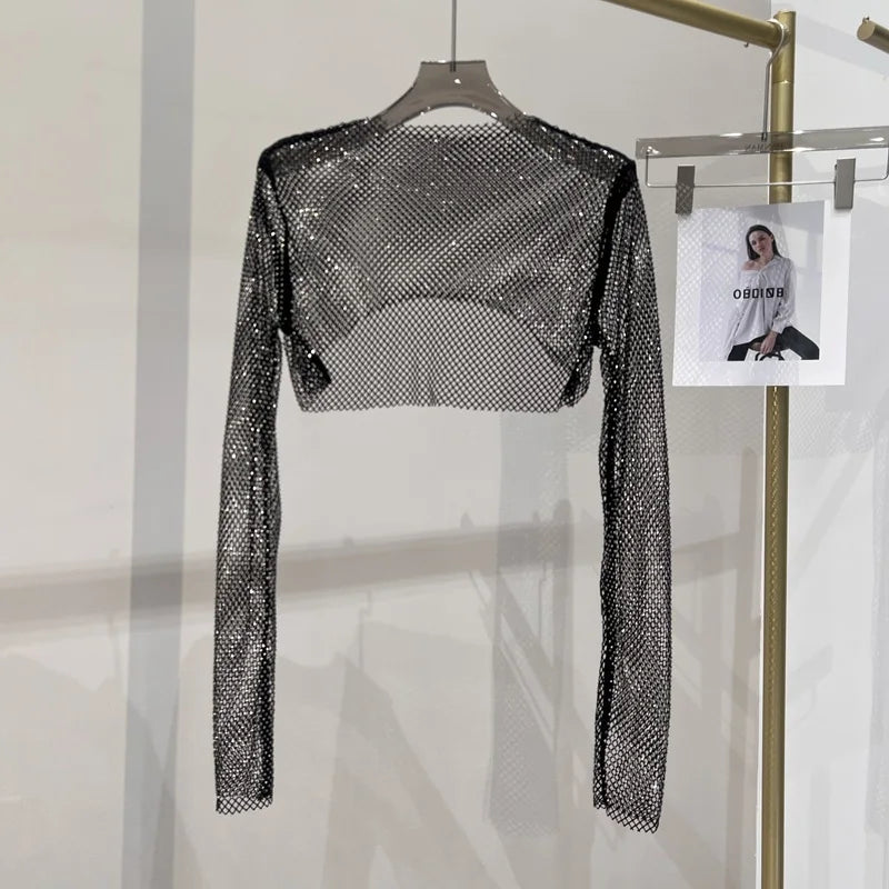 new sexy bright diamond short top Slim thin Ms. hot drill long-sleeved T-shirt sexy leak waist nightclub