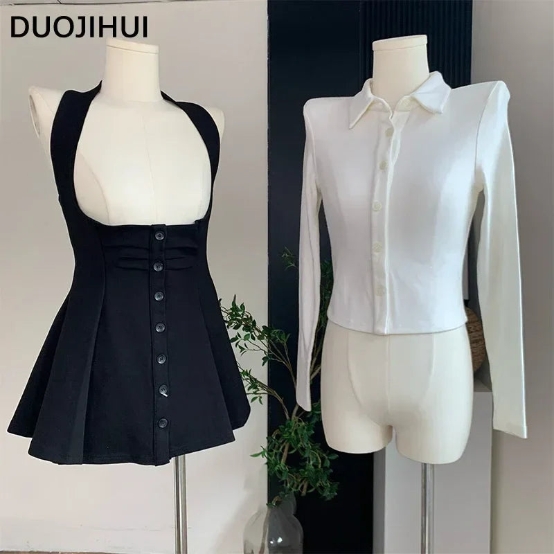 Two Piece New Sexy Chic Halter Female Dresses Basic Polo Neck Fashion Button Shirt Slim Simple A-line XS-L Women Dress
