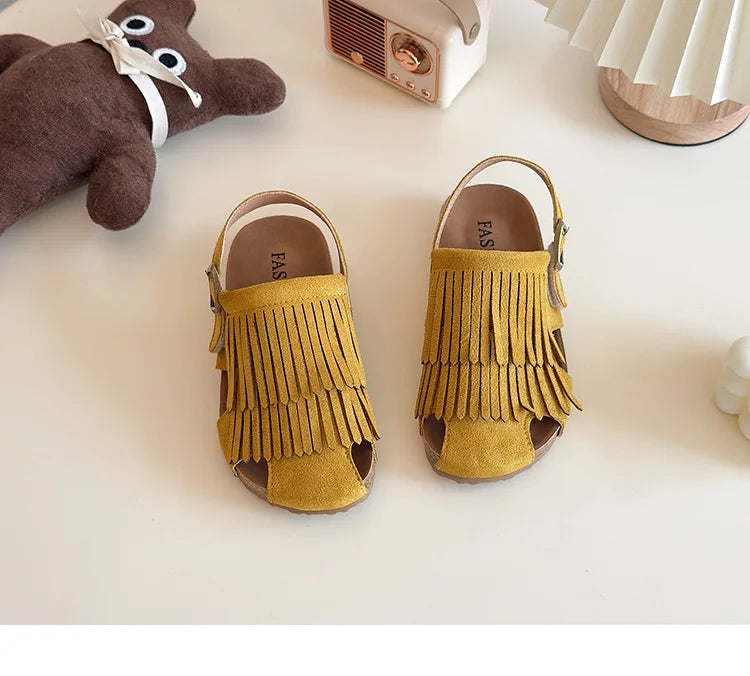 Summer Peep Toe Tassel Children Shoes Girls Sandals Soft Bottom Flat Heel Buckle Girl's Shoes Back Strape Slingbacks Shoe I05285