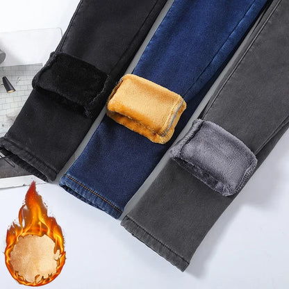 Winter Lady Thermal Plush Jeans Snow Warm Stretch Jeans Hot Sale High Waist Fleece Pants Female Straight Leg Denim Trousers