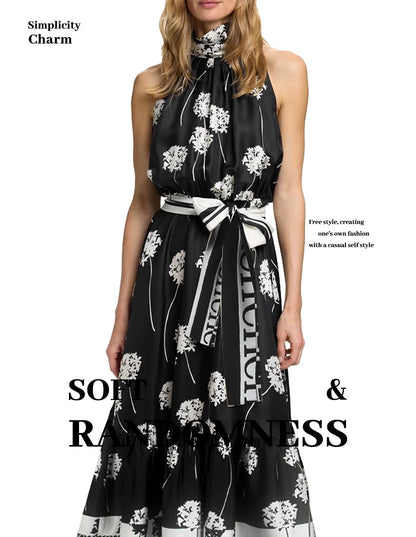 Women Fashion Sleeveless Tank Dress Summer Elegant Sundress Femmel Slim Waist Lace-Up Vintage Midi Dress
