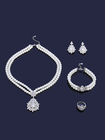 Trendy Pearl Tassel Necklace 4PCS Jewelry Set For Women Wedding Party Full Zircon Dubai Bridal Jewelry Set Gift