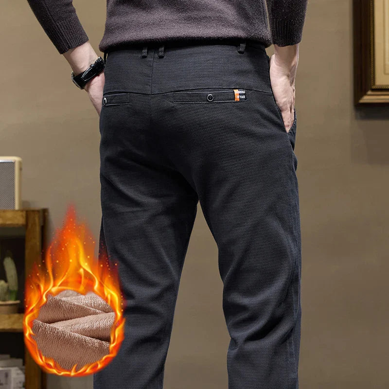 Winter Thicken Men's Solid Slim Straight Casual Pants Business Classic Fleece Trousers Male Warm Plaid Elasticity Pants