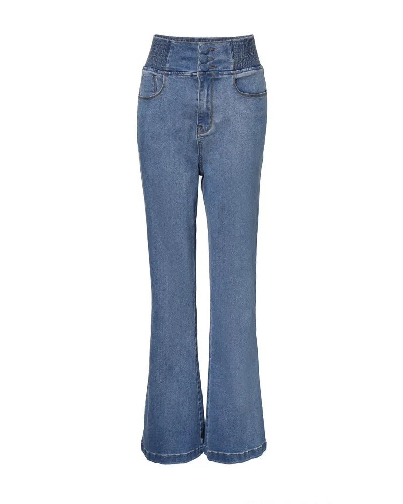 Causal Jeans Back Shirred Button Front High Waist Jeans