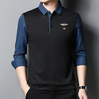 New Men's Casual and Fashionable Long Sleeved POLO Shirt with Contrasting Print Anti Wrinkle Top