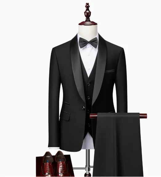 US Size Men Lapel Black Collar 3 Pcs Suit Set Coat Vest Trousers / Business Groom Wedding Dress Fprmal Blazer Pants Waistcoat