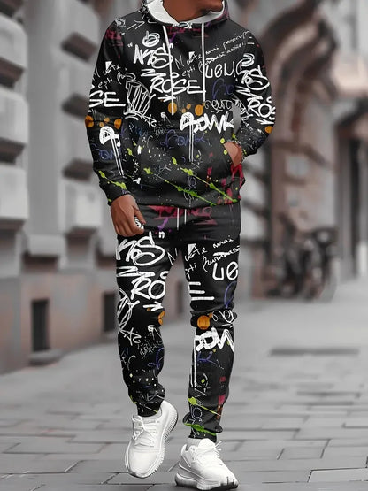 The new men's hoodie set for Spring and Autumn 2025 features a casual fashionable and comfortable 3D graffiti pattern print