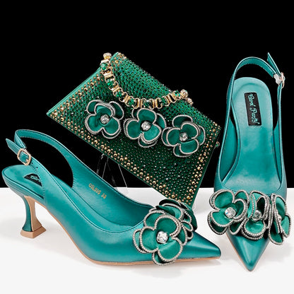 Party Shoes And Bag Ladies Heel Decoration Pure Elegant Flower Wedding Shoes And Bag Full Rhinestone Fashion Handbag