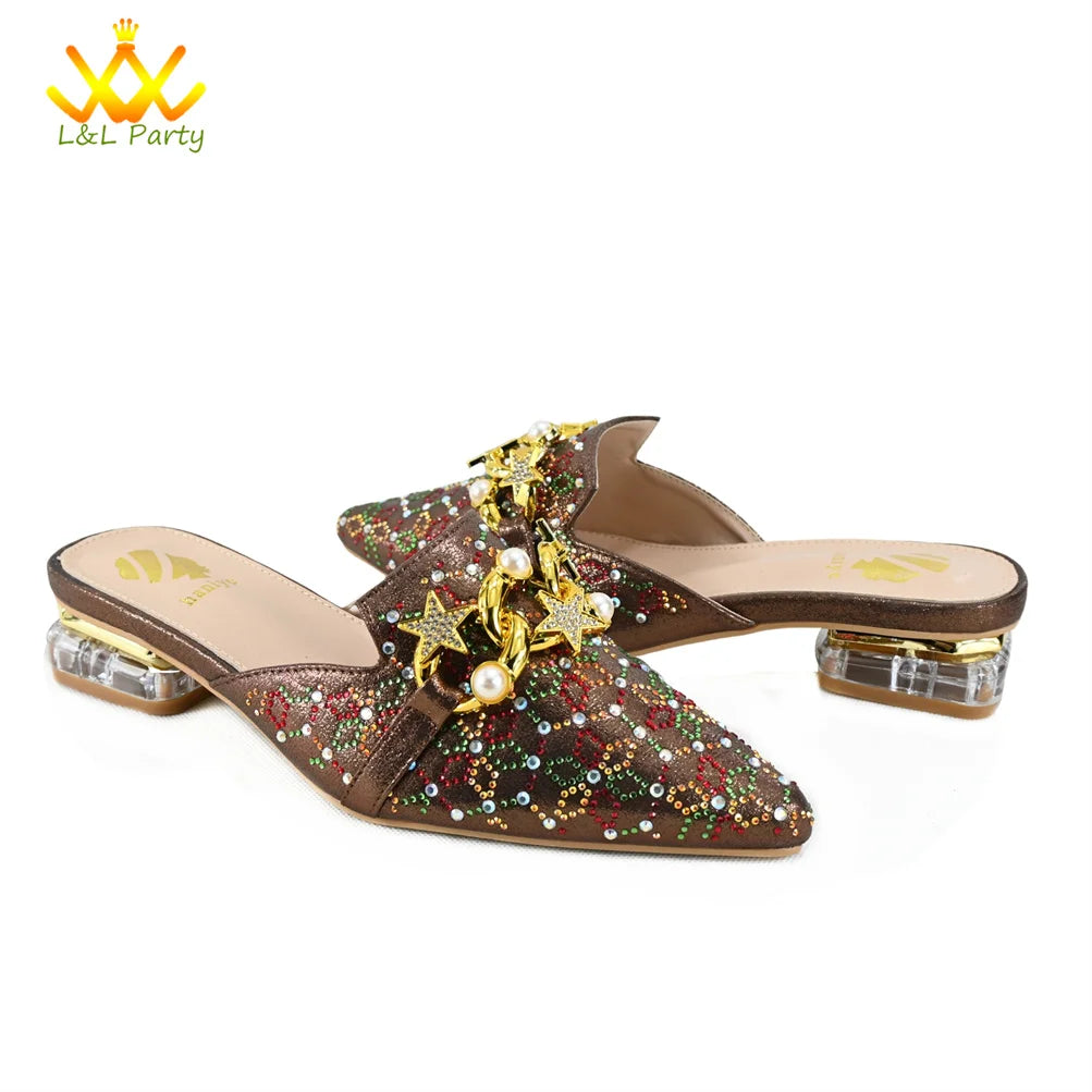 Low Heels Comfortable Sweet Style Italian Design Shoes Matching Bag Set in Orange Color High Quality with Crystal for Dress
