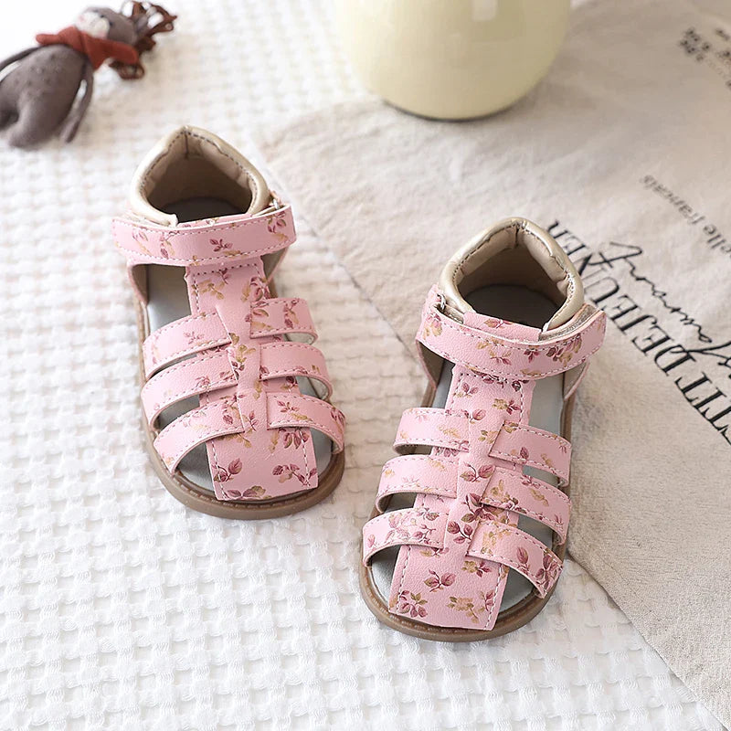 Summer Toddler Girls Floral Closed Toe Sandals Anti-collision Kids Sandal Lovely Hook-loop Sweet Children Beach Shoes 21-30