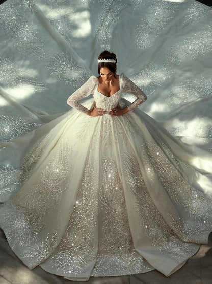 Customized Beaded Long Wedding Dresses 2025 Train Modest Long Sleeve Bridal Gown Charming Princess Dresses For Bride