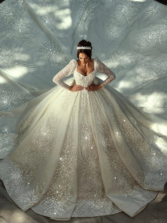 Customized Beaded Long Wedding Dresses 2025 Train Modest Long Sleeve Bridal Gown Charming Princess Dresses For Bride