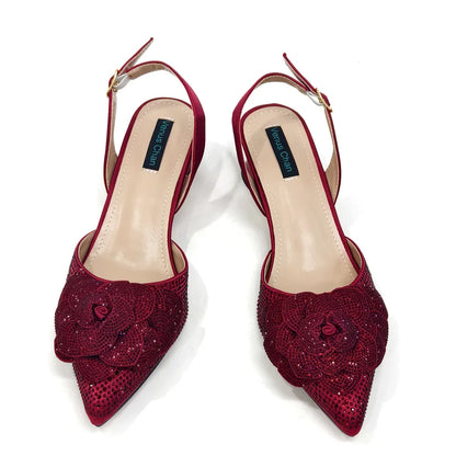 Evening Shoes and Bags Set with Full Diamond Handmade Petal Clutches Pointed Toe Peach Color Mid-Heel Women Shoes