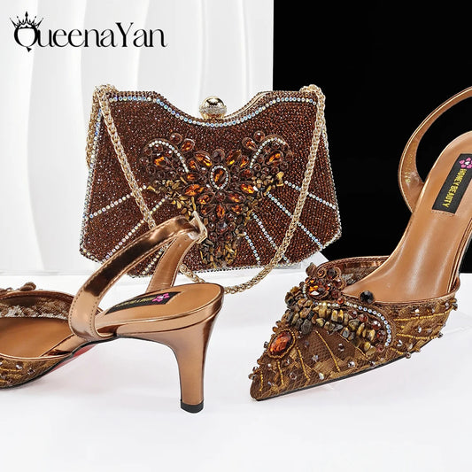 Heel Shoe for Women Hollowed Out Embroidery Rhinestone Italian Design Coffee Color Pointed-Toe Shoes and Bags Set