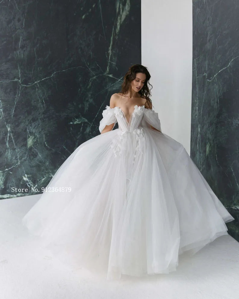 3D FlowerWedding Dresses with Detachable Sleeves Wedding Gowns Sweetheart Bridal Dresses Open Back Appliqued