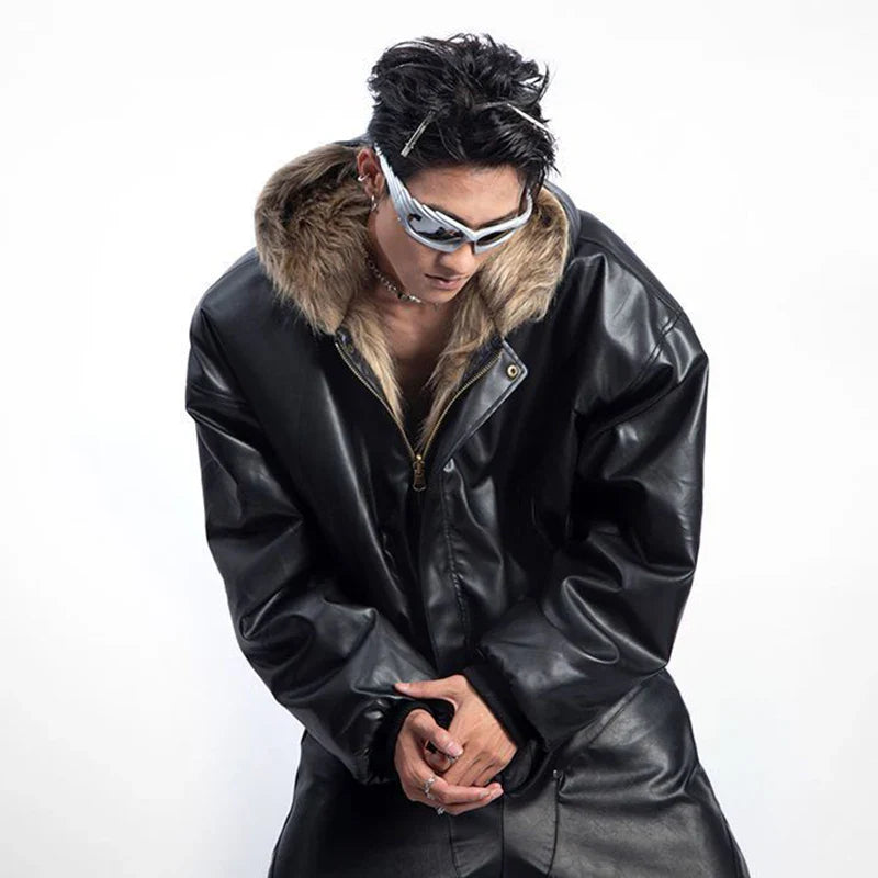 American Style Men's Padded Jackets PU Leather Reversible Faux Fur Fleece Thickened Solid Color Loose Male Coats Tide 9W161
