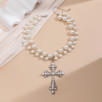 IngeSight.Z Trendy Goth Large Cross Pendant Necklace Elegant Charming Imitation Pearl Woman Choker Y2K Neck Jewelry Accessories