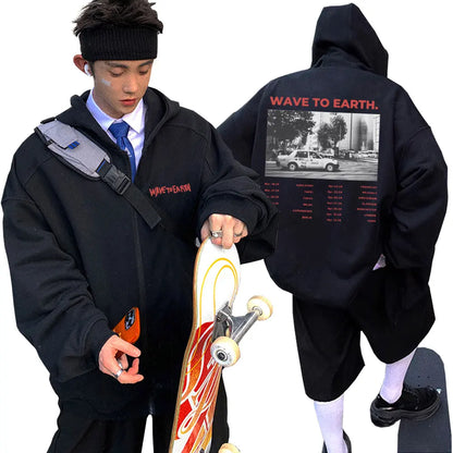 Korean Band Wave To Earth Print Zipper Hoodie Men's Casual Oversized Zip Up Jacket Men Women Hip Hop Fashion Y2k Zip Up Hoodies