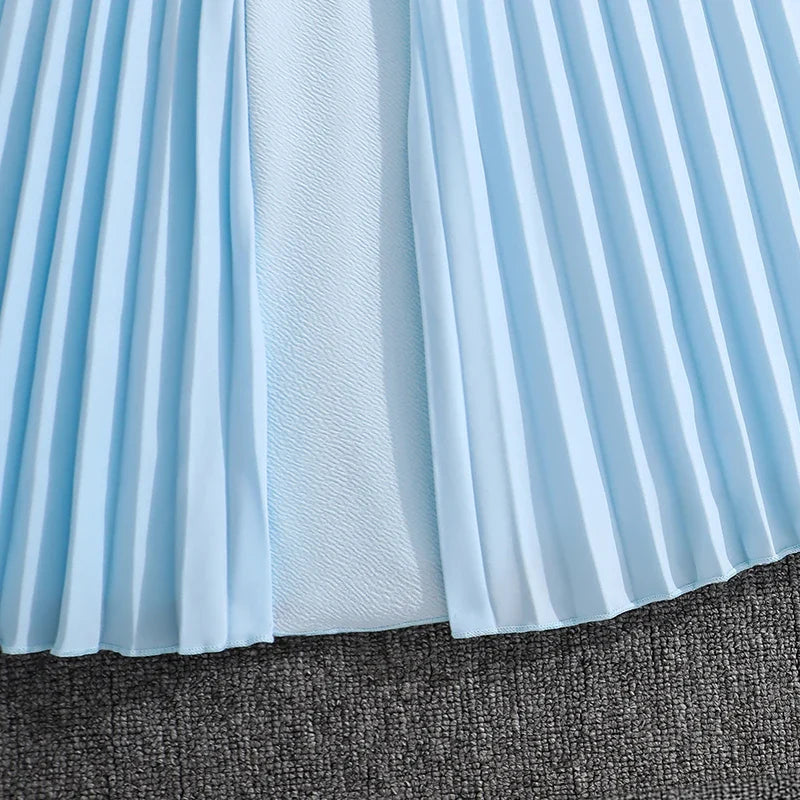 Girls 8-12 Light Blue Summer Casual Dress, Front Sleeveless Bow Decor High Waist Pleated Skirt, Daily Kids Outfit