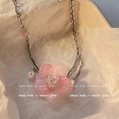 Romantic Niche Pink Sweet Flower Collarbone Chain Versatile Temperament Necklace Women's Pearl Fringe Collarbone Chain