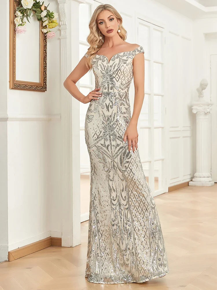Elegant V Neck Silver Sequins Evening Dresses 2025 Women Sleeveless Party Maxi Mermaid Dress Long Luxury Prom Gown
